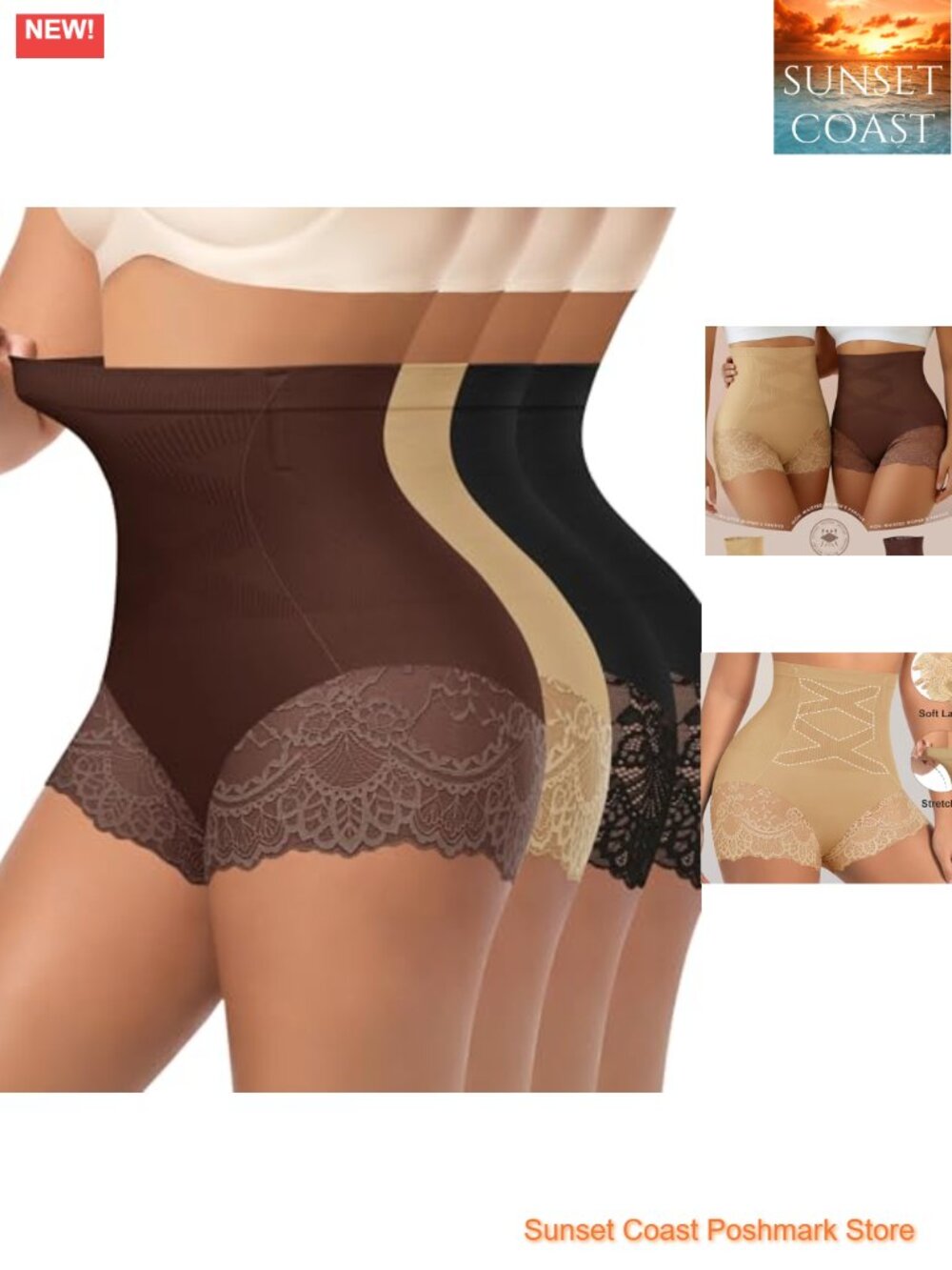 High Waisted Lace Trim Underwear Shapewear Control Briefs 4 Pack
